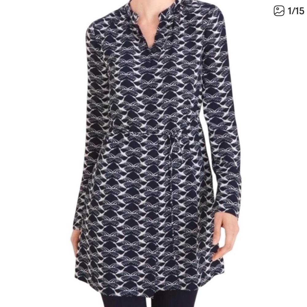 Chico's Blue White Geo Patterned Tunic Dress bird geometric novelty Size 1 Med